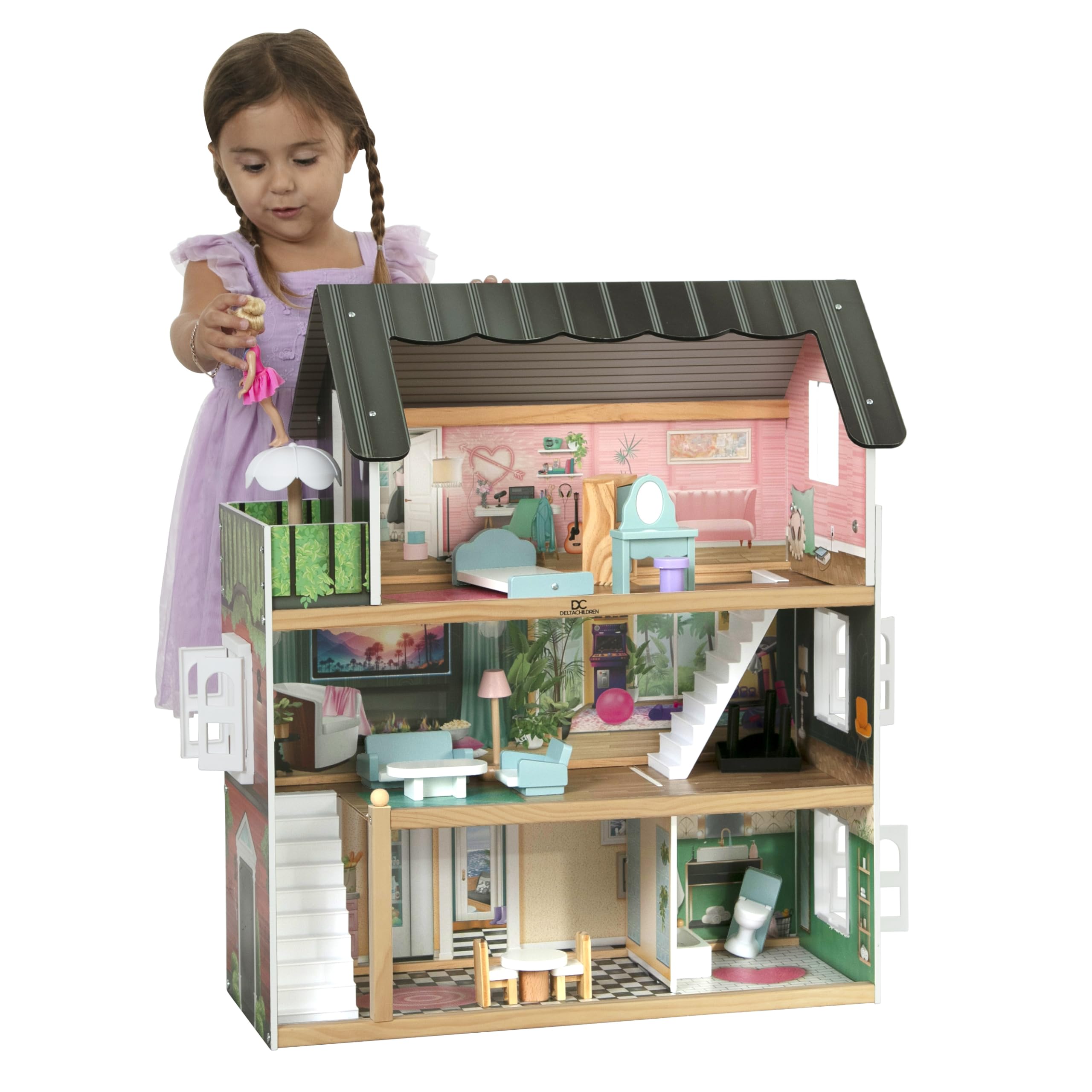 Delta Children South Beach Dollhouse - 3-Story Dollhouse with 4 Rooms - Includes 16 Accessories - Fits 5-inch Dolls - Pretend Play Dream Gift for Ages