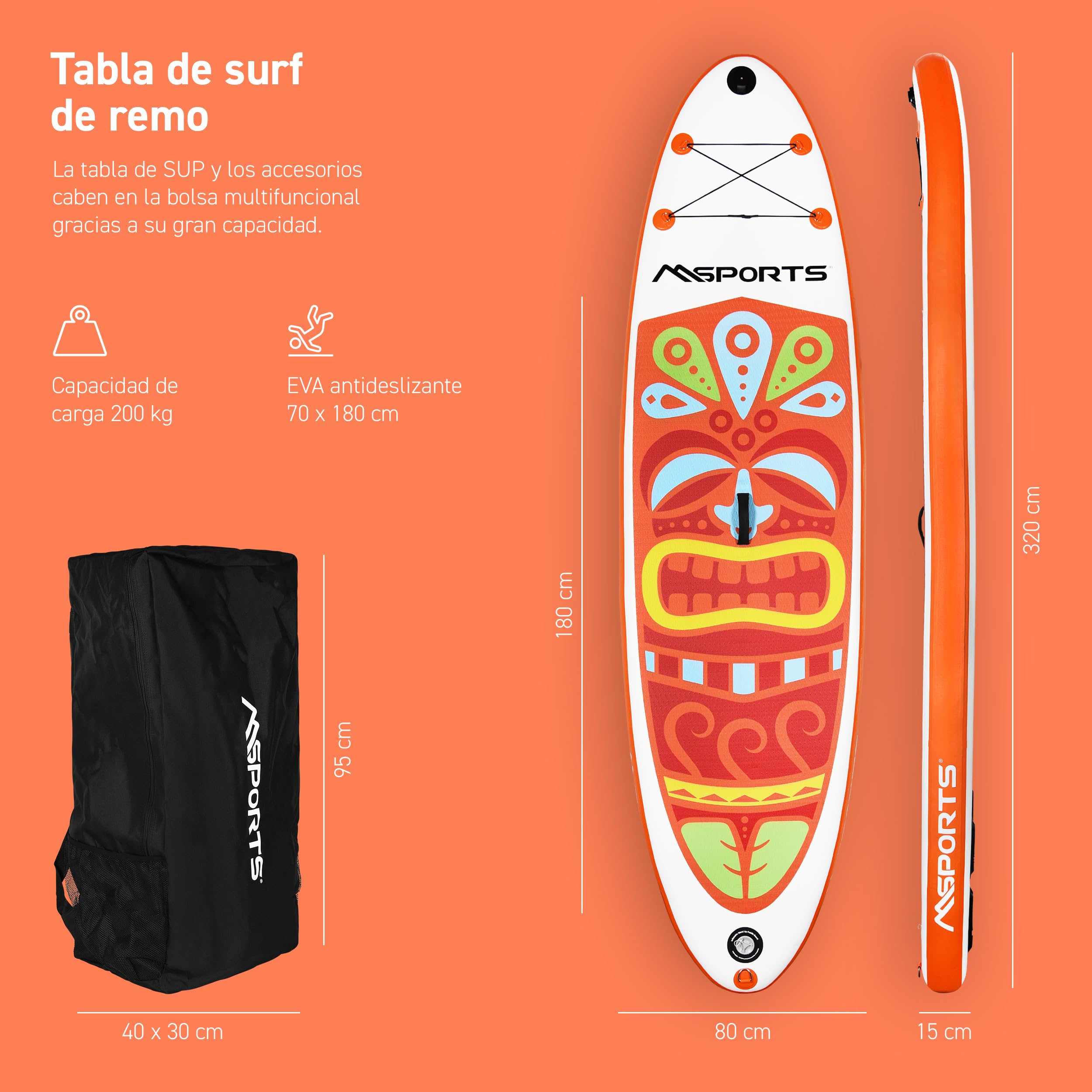 MSPORTS SUP - Tabla de surf de remo hinchable, accesorios completos, remo ajustable, bomba de alta calidad + 2 bastones de remo + bolsa impermeable para smartphone + bolsa multifunción