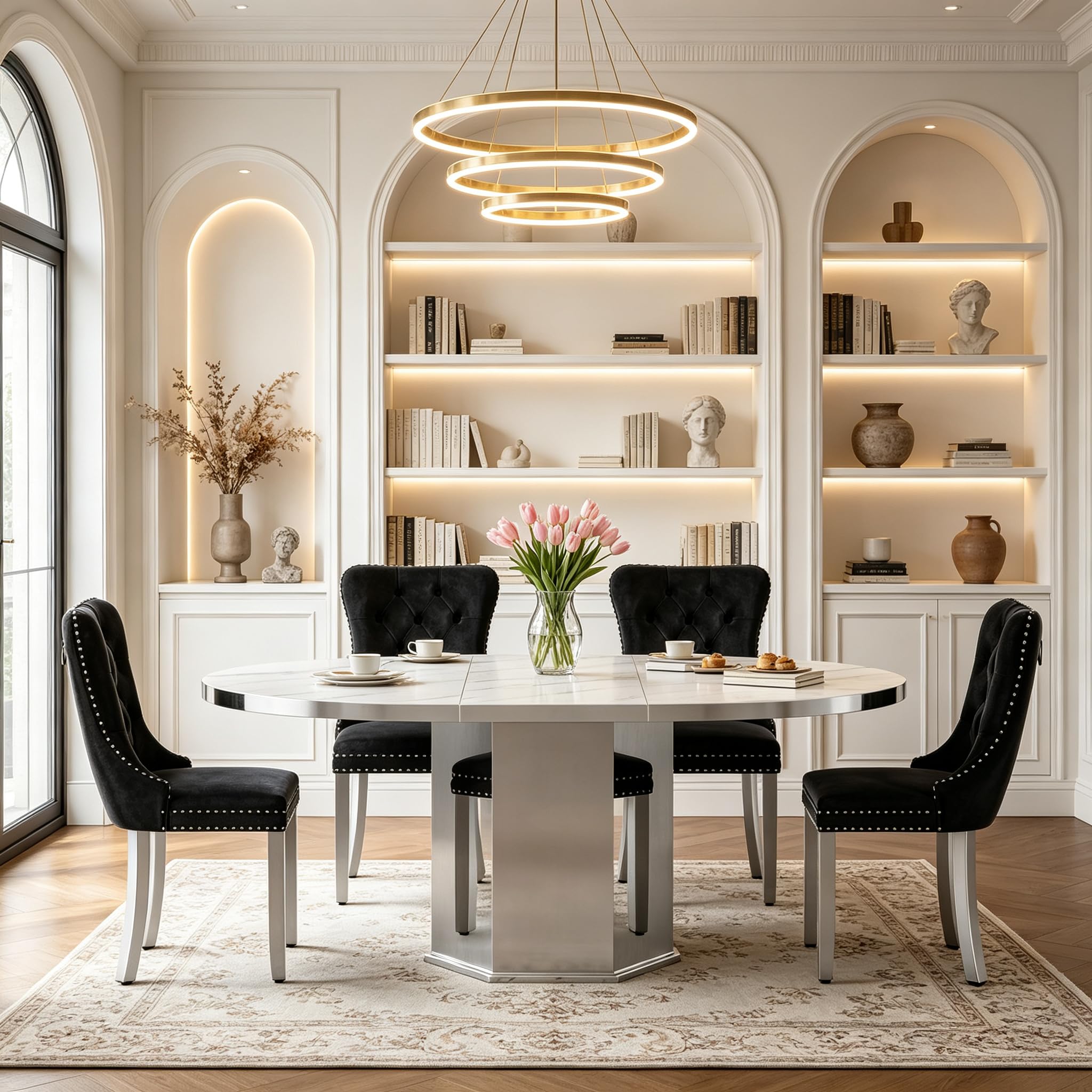 5 Pieces White Faux Marble Extendable Dining Table Set, 47"-63" Round Expanding Kitchen and Dining Room Table Set for 4 with Mirrored Acrylic Base &amp; Black Velvet Upholstered Chairs