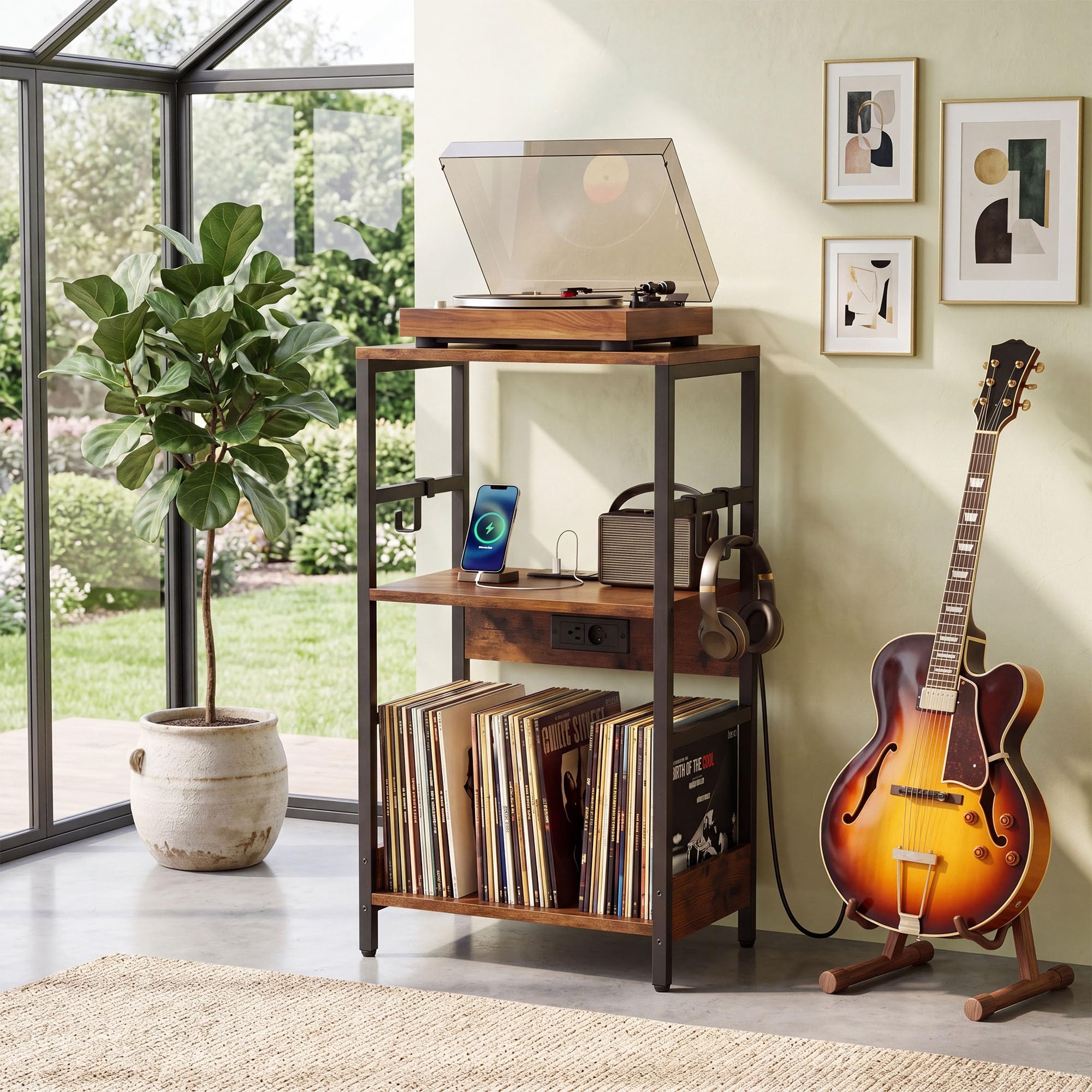 GIANTEX Mobile per Giradischi, Supporto per Vinile con Stazione di Ricarica, Ampio Piano, Ripiano Porta Vinili e 3 Ganci, Mobile Porta Giradischi per Soggiorno e Studio, 40 x 30 x 78 cm