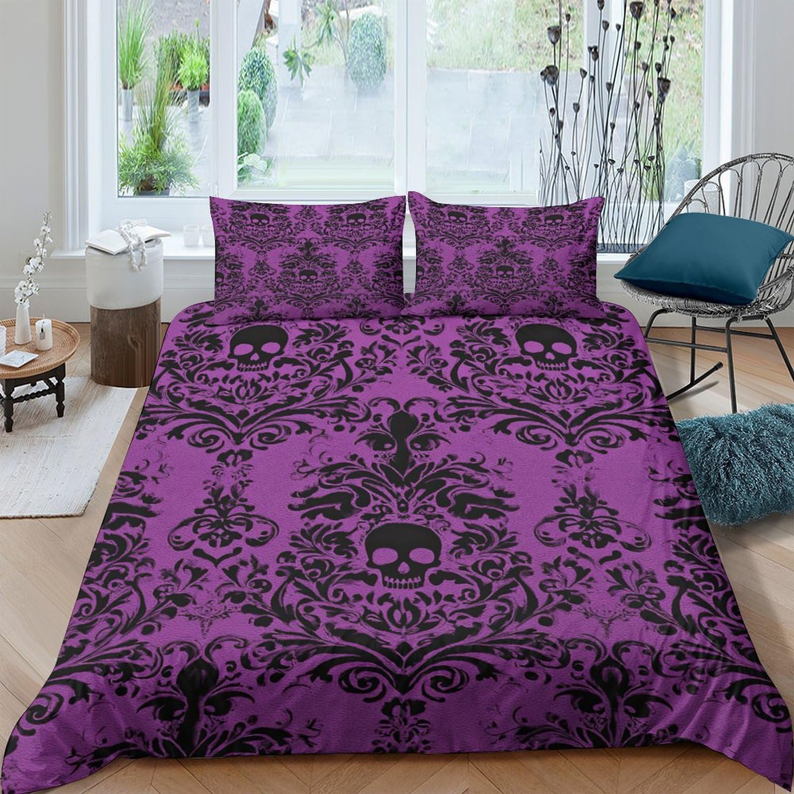 Ctjqhvkz Style-2 3D Printed Gothic Skull Fitted Sheet Microfiber Purple Baroque Bed Cover Non-Slip Washable For Bedroom Guest Room Single（135X200cm）