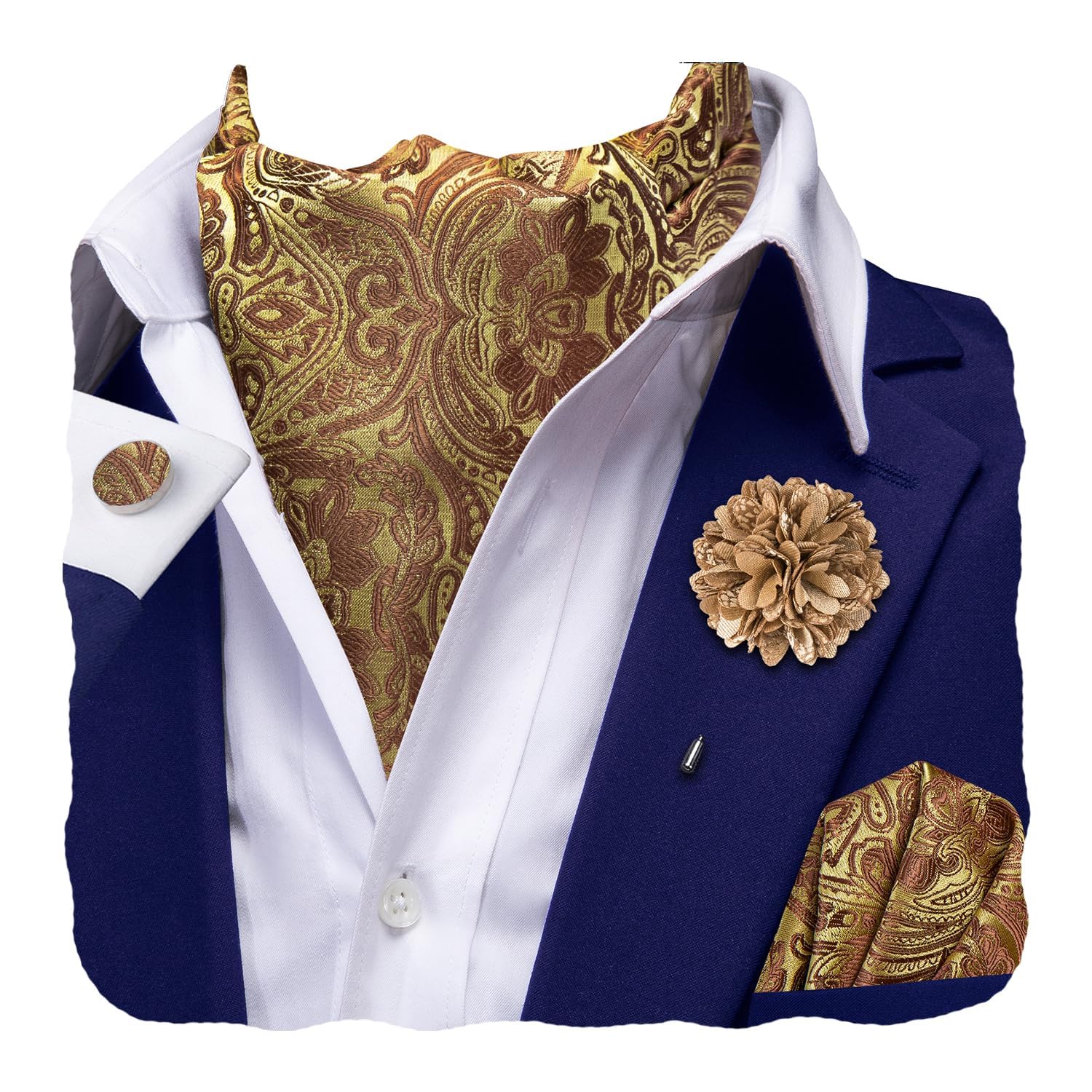 Hi-Tie Silk Ascot for Men Self Tie Men's Cravat and Flower Lapel Pin Handkerchief Cufflinks Set for Wedding Party