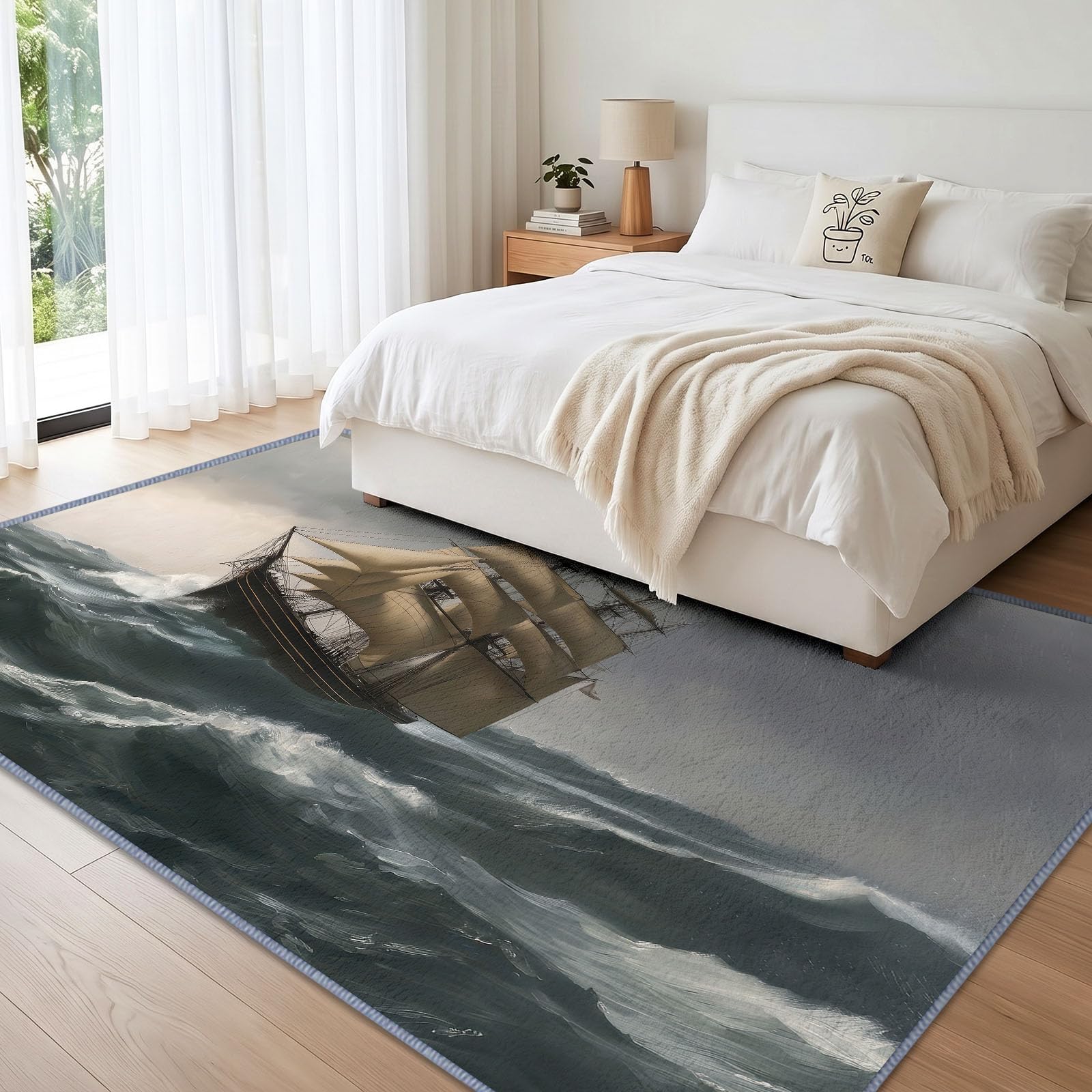 Dywan do salonu, ze statkiem pirackim z motywem morskim, 140 x 200 cm, do sypialni, żaglówki, fal morskich, chłopców, do sypialni, miękki, krótki, można prać w pralce, nie gubi włosia