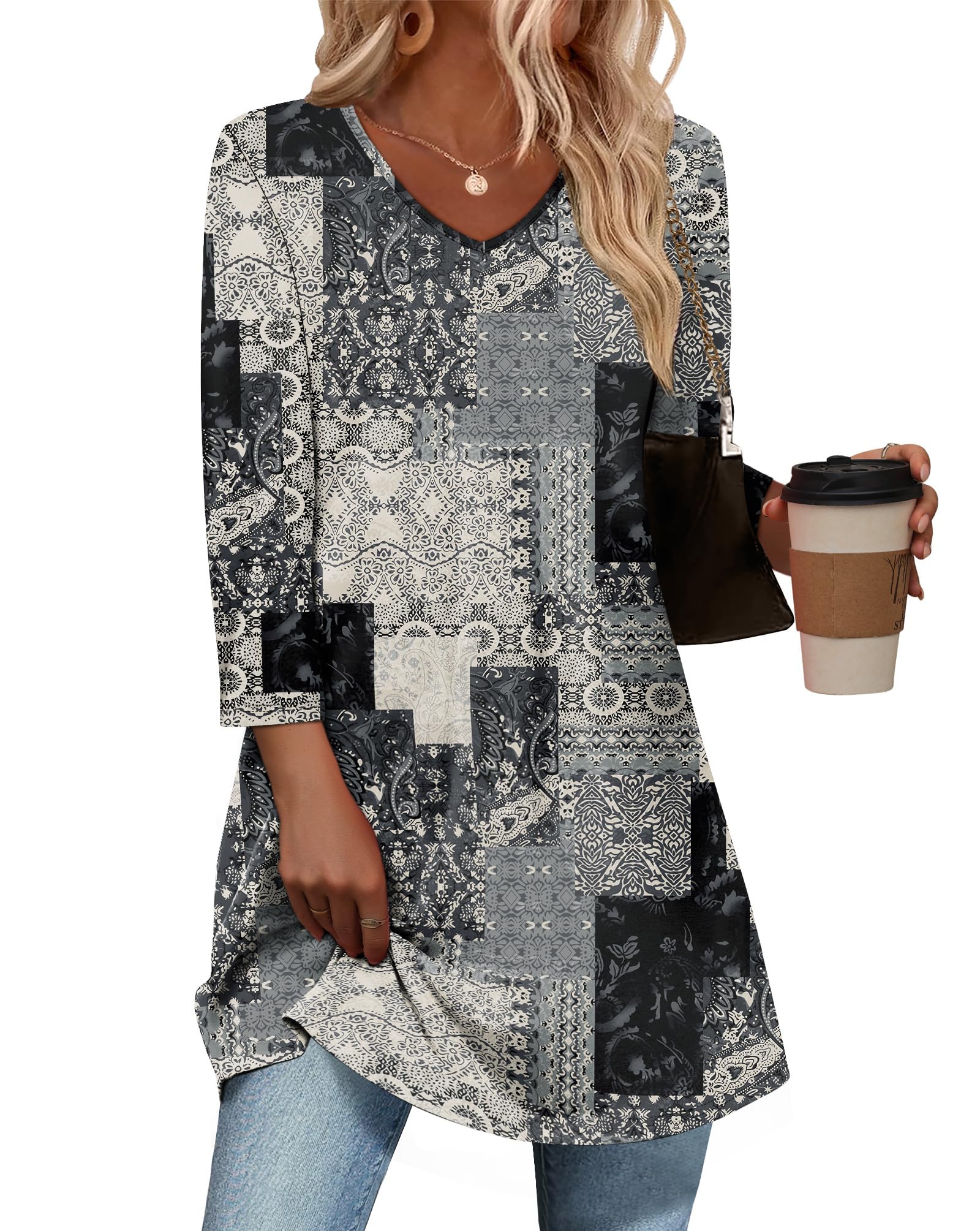 3/4 Length Sleeve Womens Tops Dressy Casual Plus Size Tunics to Wear with Leggings