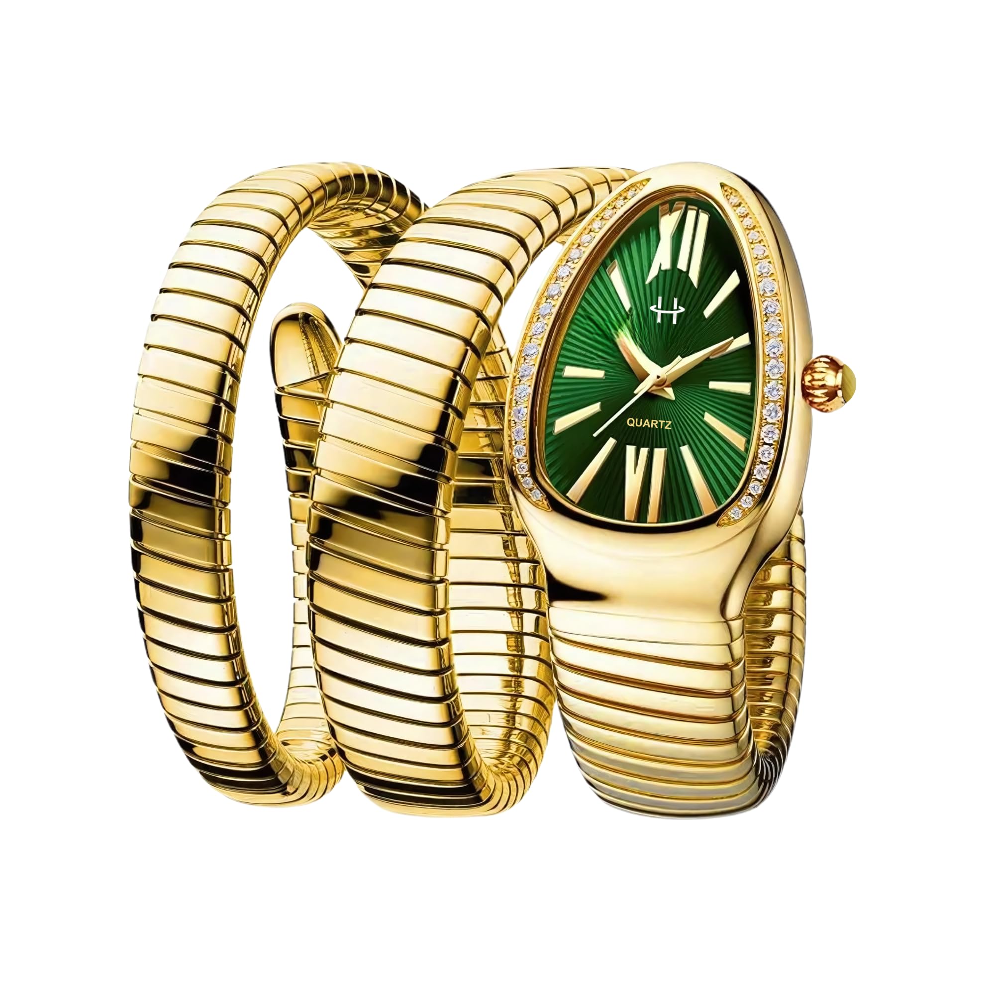 Serpentine Snake Watch For Woman with Spiral Bracelet, Roman Number Green Dial Watch For Woman With Quartz, Stylish Analog Waterproof Serpenti Watches Women, Luxury Metal Bezel Golden Watches For Women