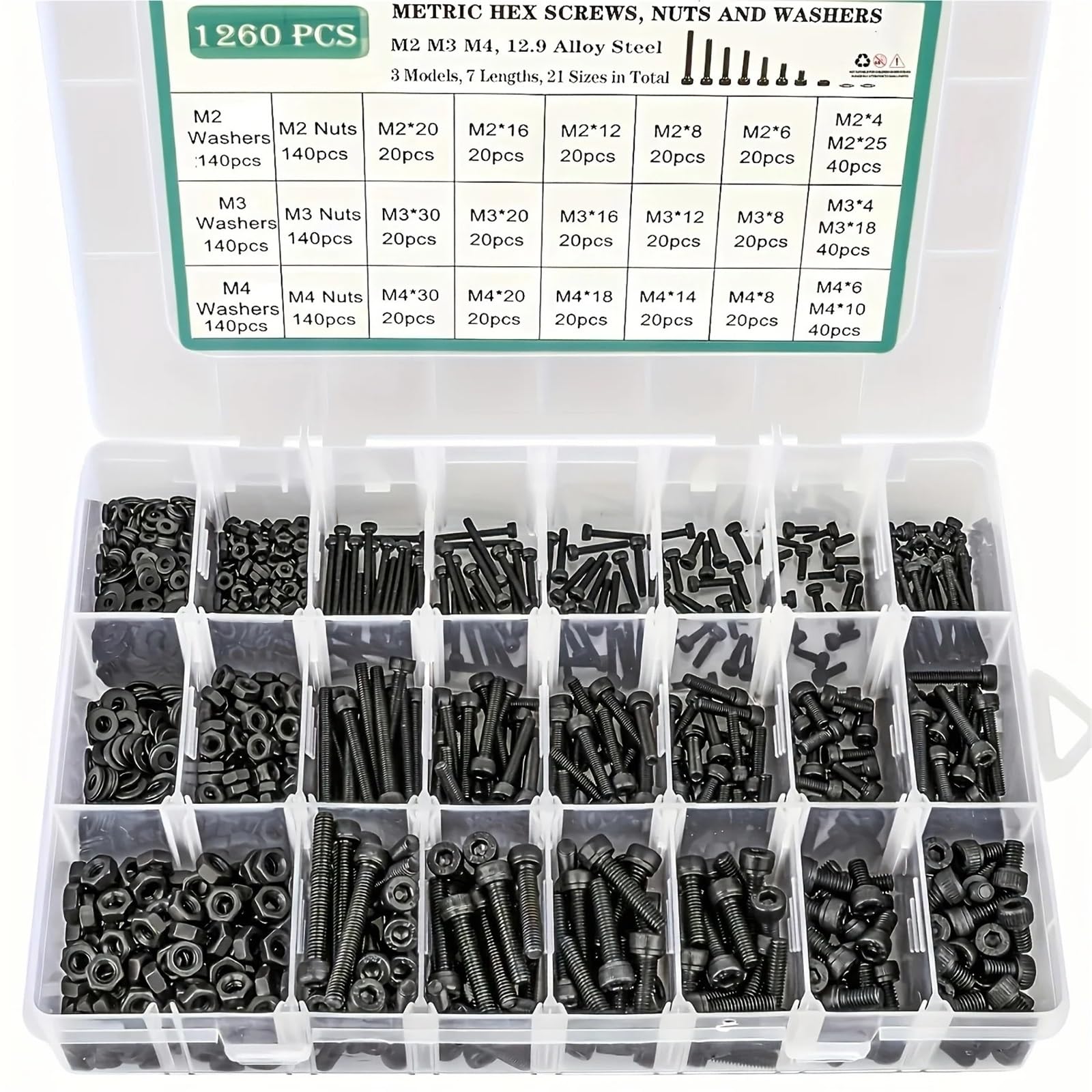 Vis Boulons Et Écrous Kit Assortiment de boulons et écrous métriques M2 M3 M4, 1260 pièces, 21 tailles 4MM à 30MM, Kit en acier allié 12.9
