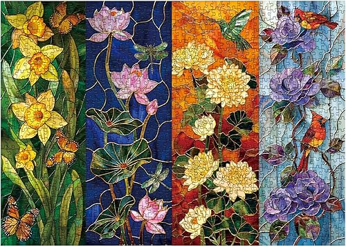Miniatura 2 de Rompecabezas de flores de vidrieras para adultos de 1000 piezas, rompecabezas coloridos de plantas de arte, hermoso rompecabezas floral de pájaro