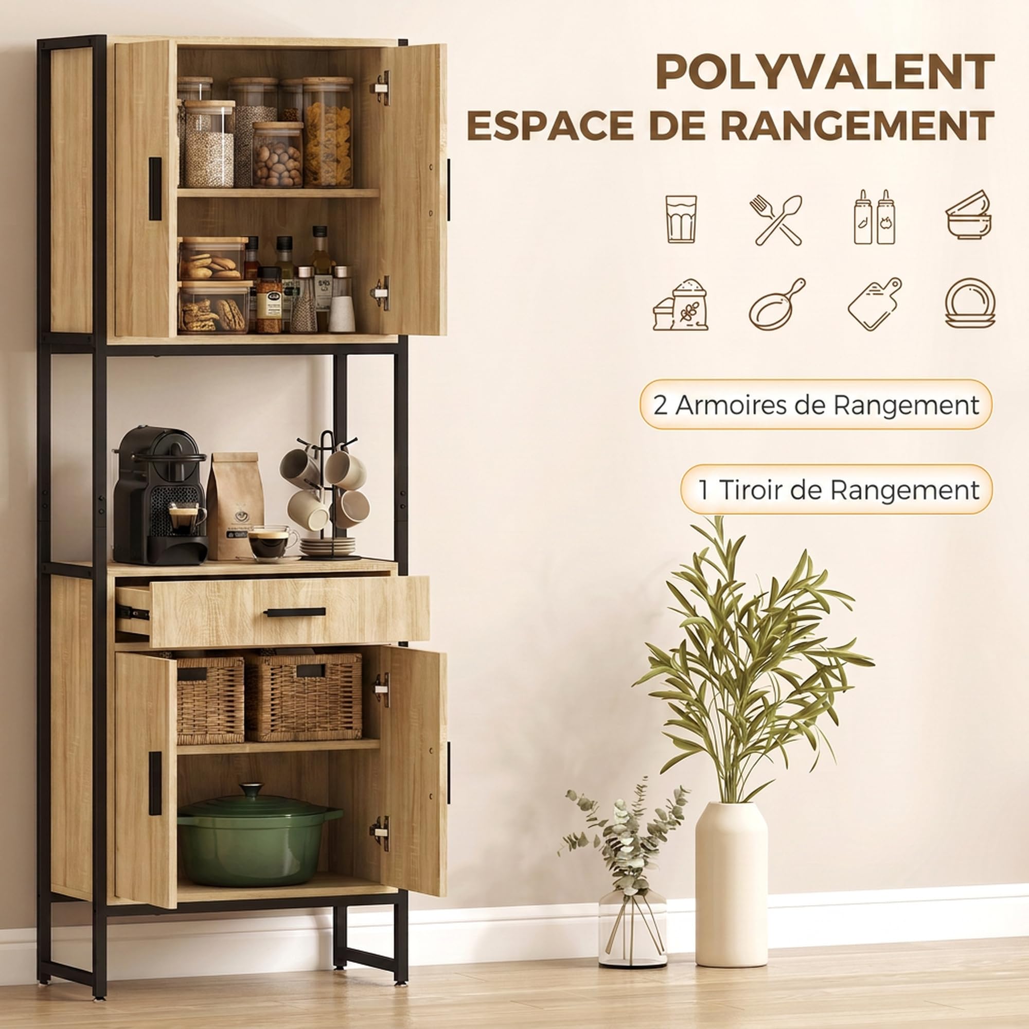 HOMCOM Buffet Haut Cuisine 4 Portes Tiroir et Plan de Travail Bois Naturel