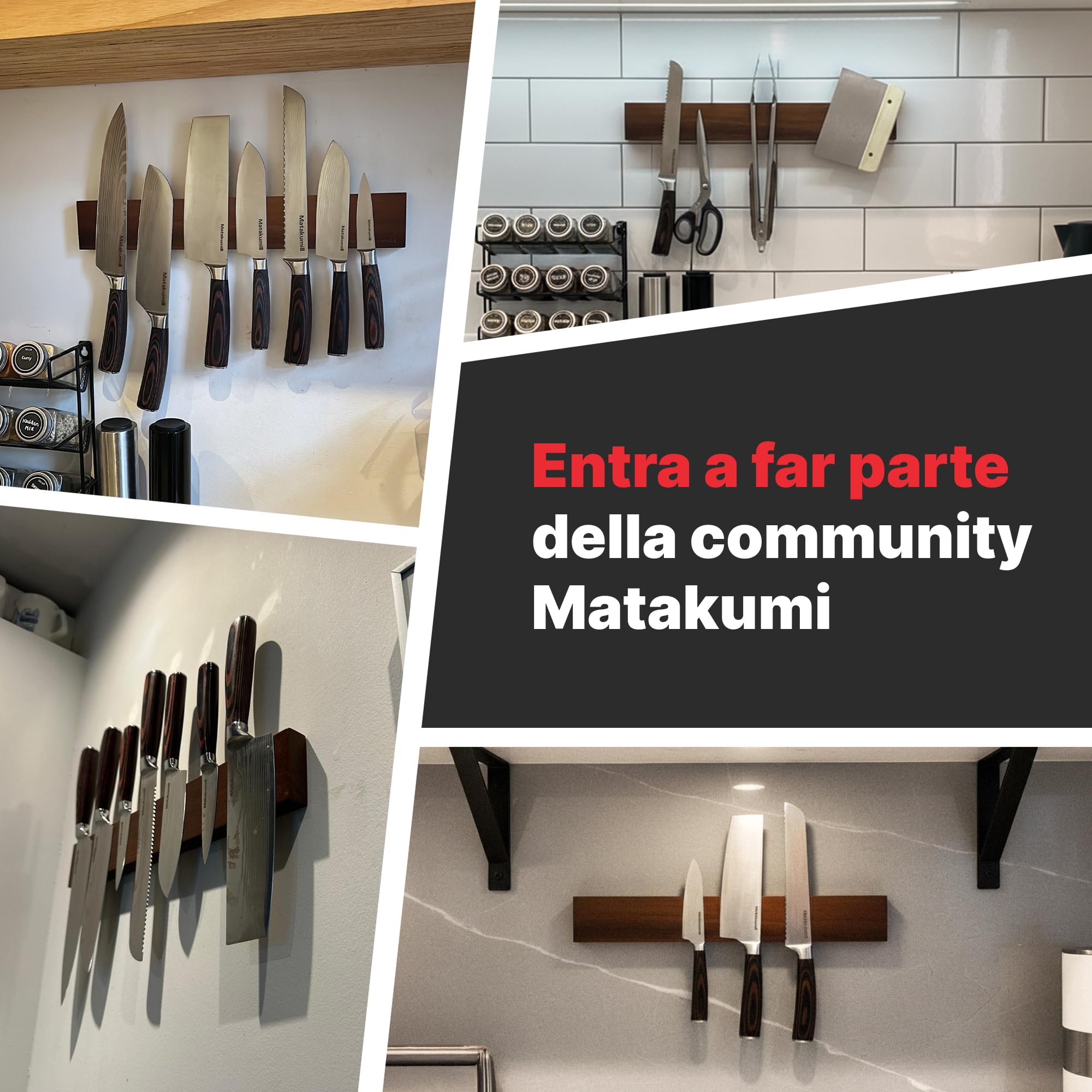 Matakumi Barra magnetica con coltello, 40 x 6 cm, in legno di acacia, magnetica, autoadesiva o viti, salvaspazio, supporto magnetico a parete