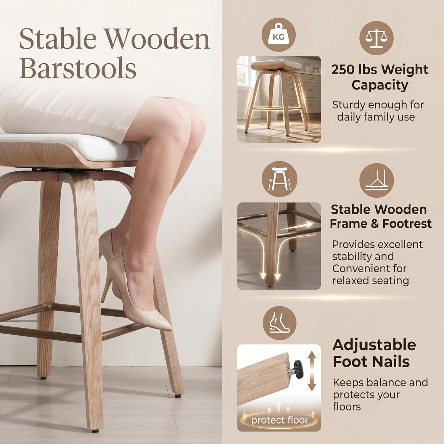 HNY 26" Swivel Bar Stools Set of 2, Backless Counter Height Stools with Removable Beige Linen Cushion (Velcro), 360° Rotating Rustic Farmhouse Wooden Saddle Stools with Footrest for Kitchen Island