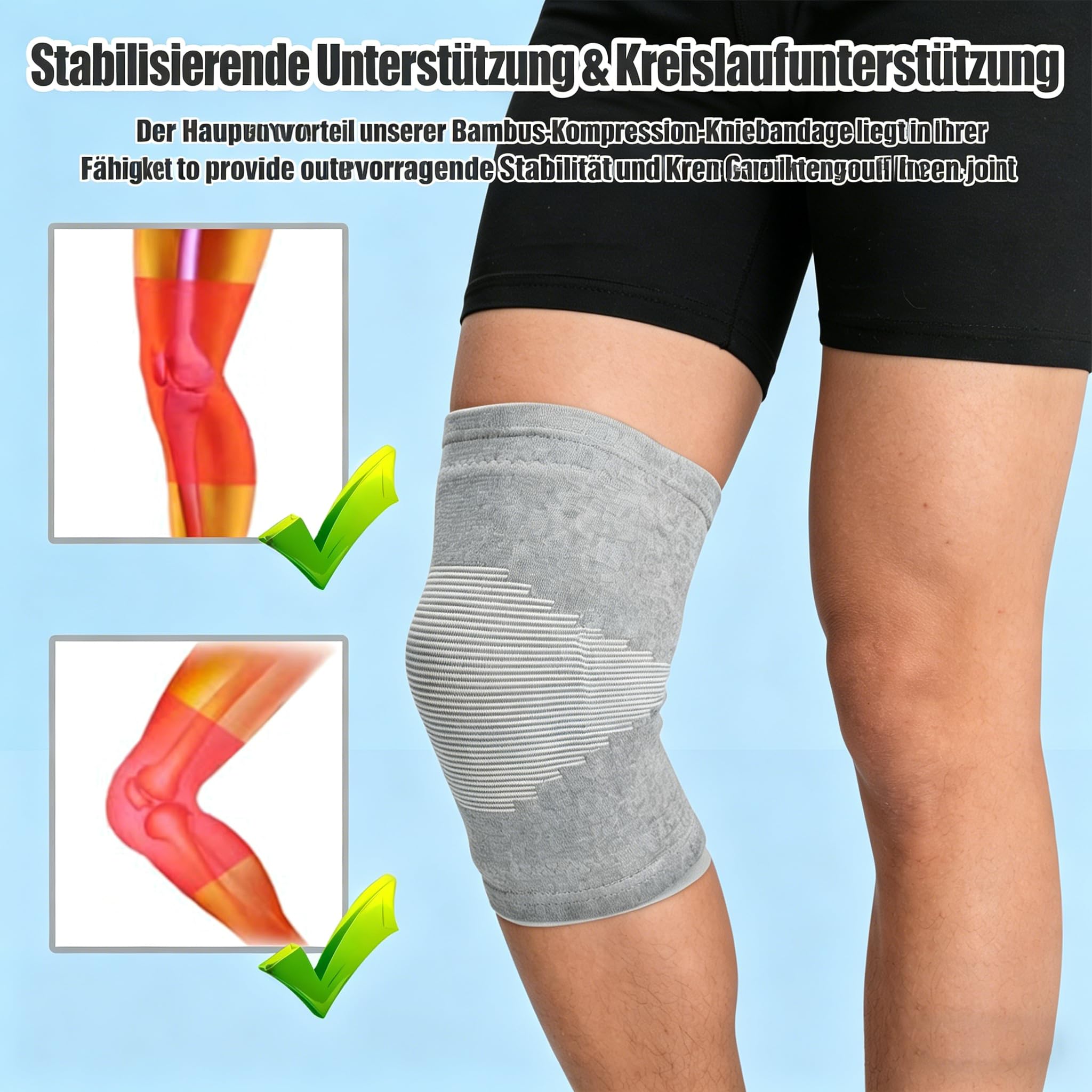 Kniebandage für Männer Damen - Bambus Kompressionsbandage für Arthrose Athletics Sportbandage Kniestütze - Elastische Braces Pads Warmer Schutz Knie Unterstützung 1 Paar (Grau, XL)