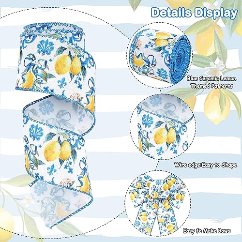 Miniatura 3 de AnyDesign - Cinta de borde con alambre de limón, 20 yardas, azulejo azul, tela de limón, cinta para manualidades de primavera, verano, baby shower,