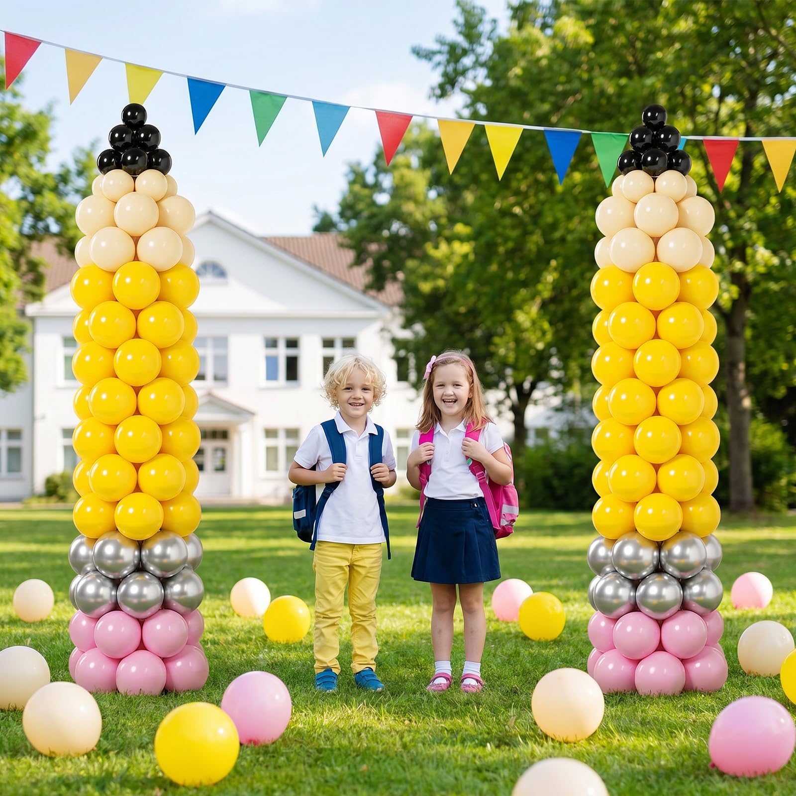 Kit de colonne de ballons pour la rentrée scolaire avec carnet de notes, bannière en papier, 2 ensembles de tour de ballons, support pour la première journée d'école, salle de classe, bienvenue