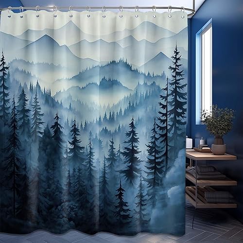 Miniatura 2 de Cortina de ducha azul marino de bosque Cortina de ducha azul oscuro de montaña y naturaleza para decoración de baño de hombres, tela impermeable con