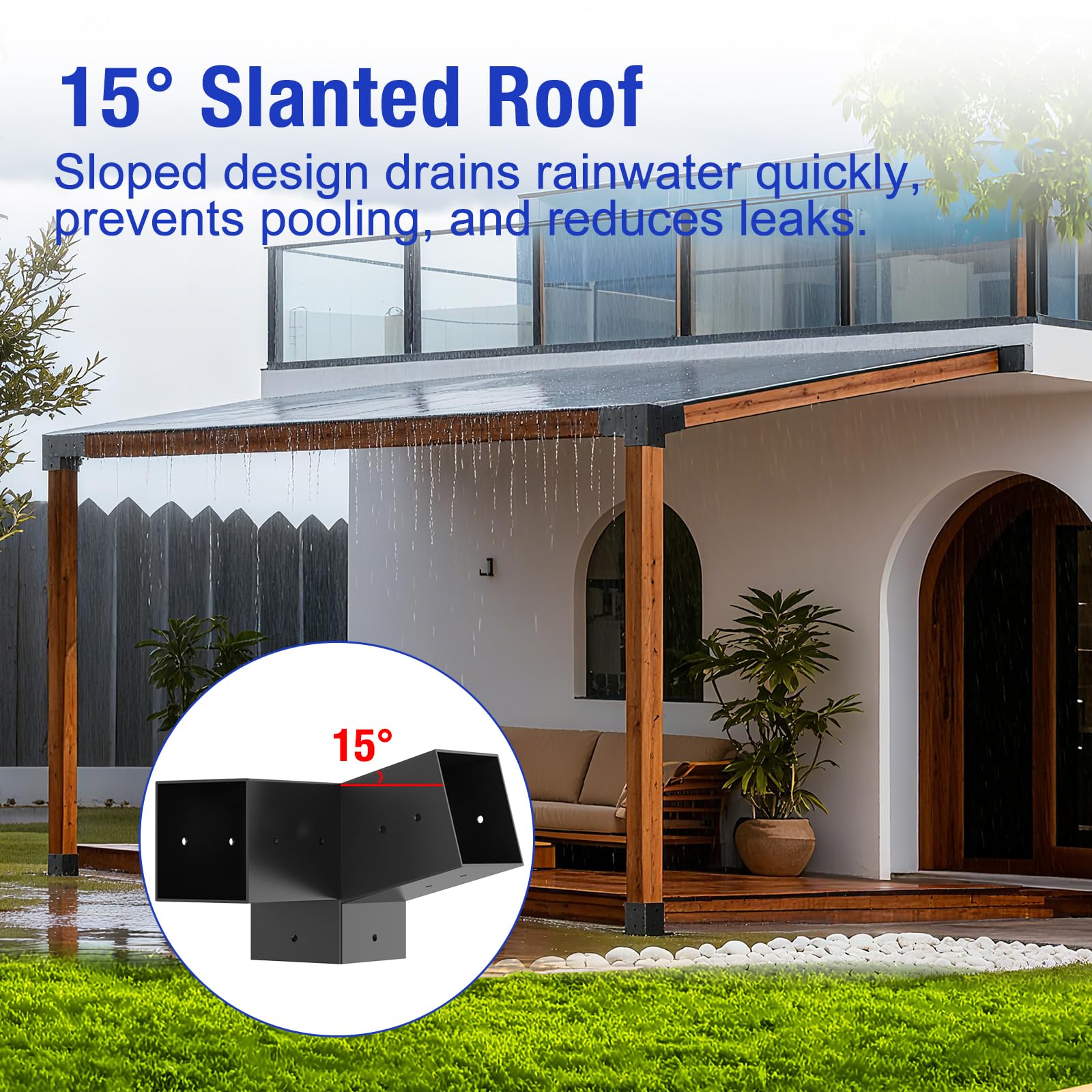 Staffe per pergola con tetto inclinato a 15°, kit di estensione per montaggio a parete per pergola a 3 vie, staffa angolare da 4''x4'' per base in legno, staffa ad angolo per gazebi, pergole