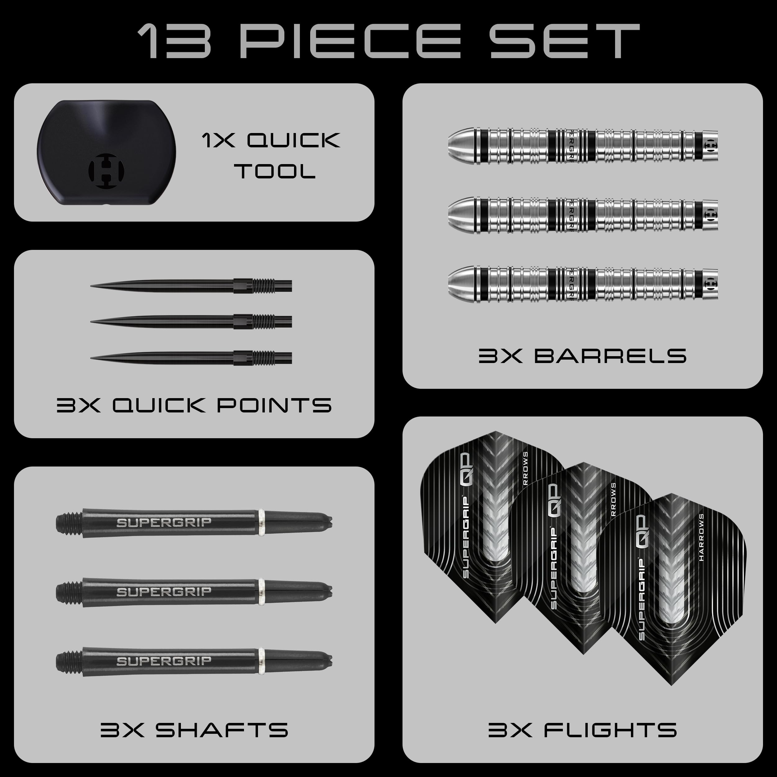 Harrows SuperGrip QP stożkowe rzutek 90% wolframu, zestaw rzutek ze stalową końcówką z systemem szybkiej wymiany punktów, 22 g, 23 g, 24 g, 26 g, 28 g i 30 g, zawiera trzonki Supergrip i loty 100