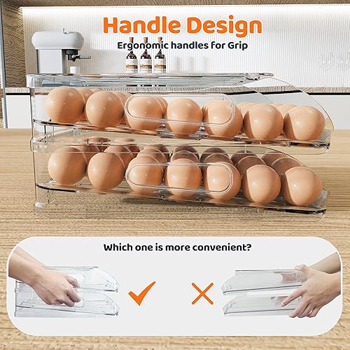 Miniatura 5 de Soporte de Huevos para Refrigerador, Dispensador de Huevos Automático de Rodamiento Estable con Parachoques de Silicona y Asa para Nevera,