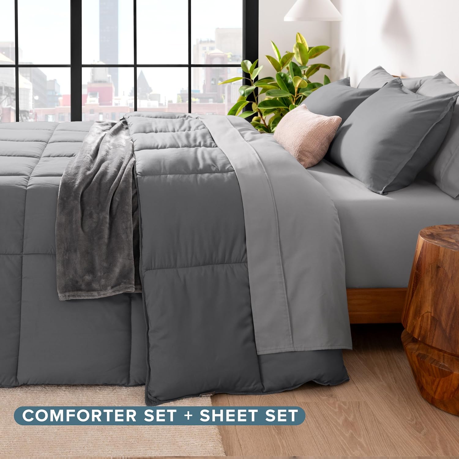 Bare Home Bed-in-A-Bag 7 Piece Comforter & Sheet Set - Queen - Goose Down Alternative - Ultra-Soft 1800 Premium Bedding Set (Queen, Grey/Light Grey)