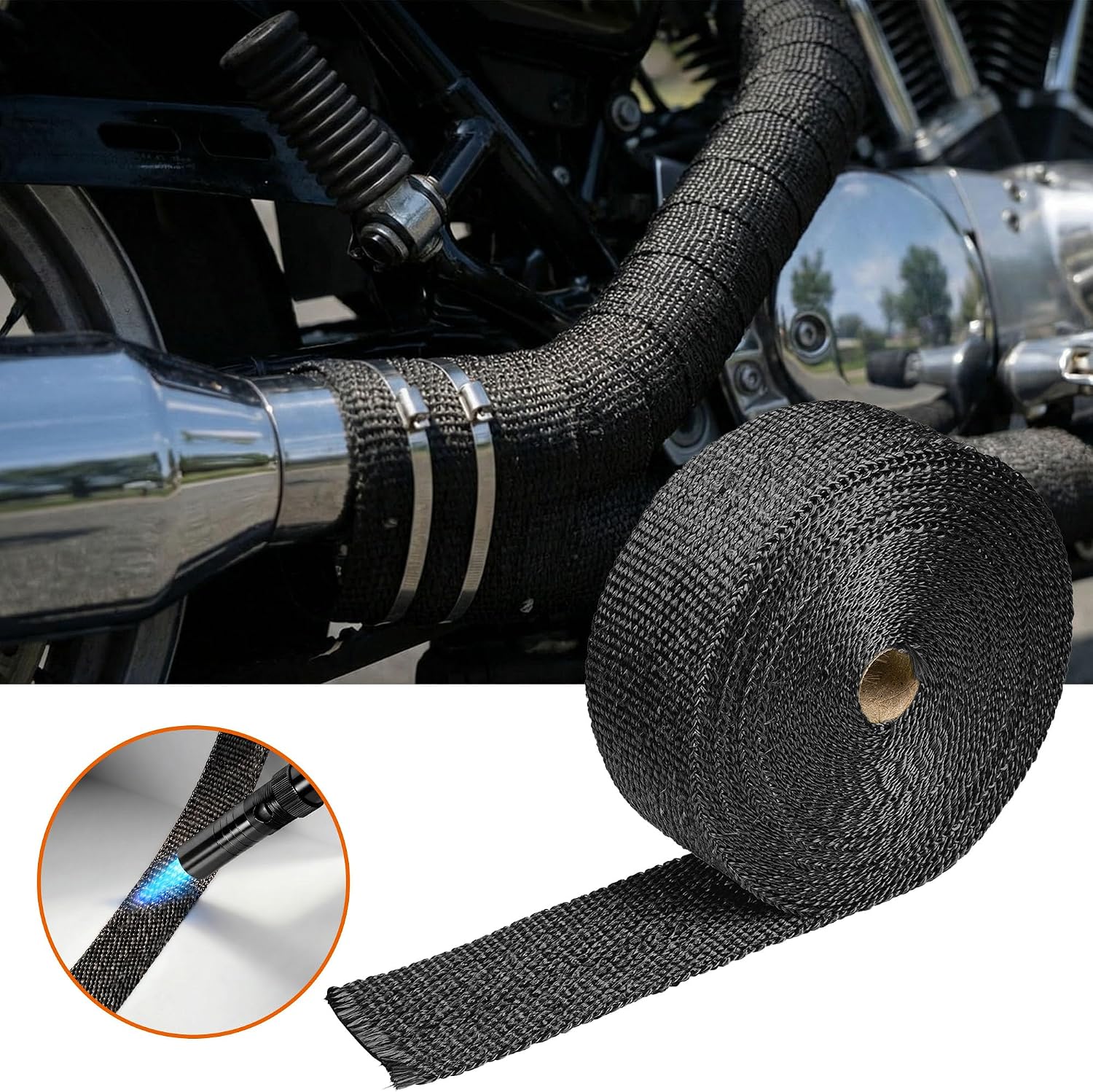 Exhaust Header Wrap, 2in x 33ft Fiberglass Heat Shield Tape with Stainless Steel Zip Ties 10pcs for Motorcycle Car Truck Exhaust Manifold Heat Tape