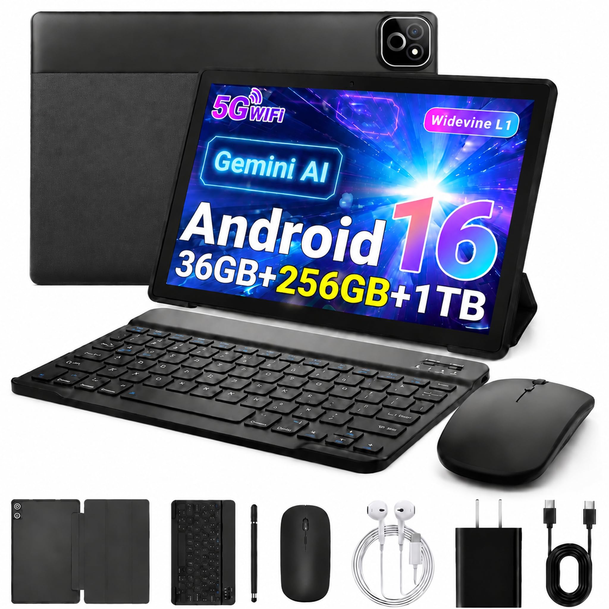 Tablet Android 10.1 Pollici, Android 16 Octa-Core, 36GB RAM+256GB ROM (1TB Espandibile), Schermo IPS 1280*800, Batteria 6000mAh, Fotocamere Doppie, Kit Completo Tablet Android per Studio e Lavoro