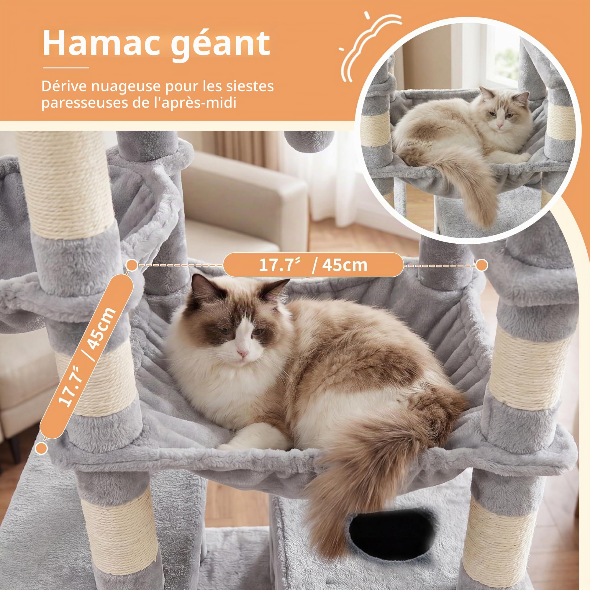 Heybly Arbre à Chat Sol Plafond 266-296 cm, Tour Large Multi-Espaces HCT92W | 2 Niches Douillettes, Coussins Amovibles, Panier Rond, Hamac Suspendu, Sisal Naturel, Structure Stable, Niveaux, Gris Clair