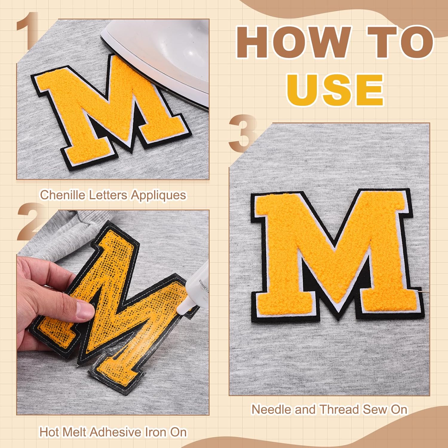 MECCANIXITY Chenille Letter Patches 4.7" Letter M Yellow 2Pcs image 4