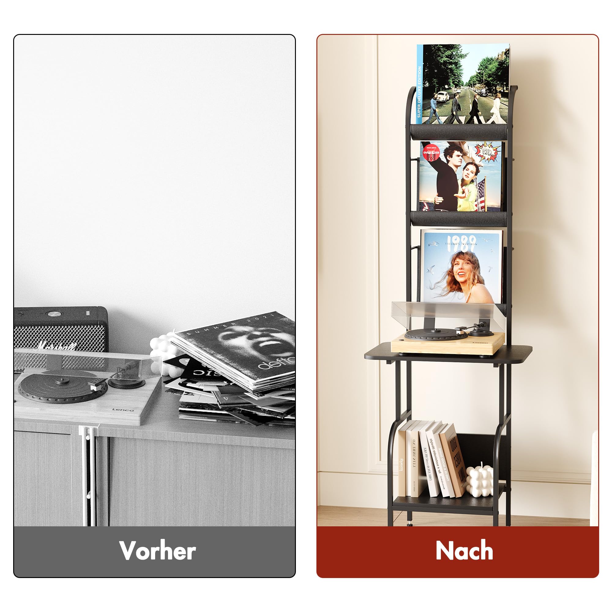 Plattenspieler-Ständer mit Schallplattenregal, Vinyl-Aufbewahrung für LPs, Mehrstufiger Schallplattenständer aus Metall, Industrie-Design für Wohnzimmer (Schwarz 2)