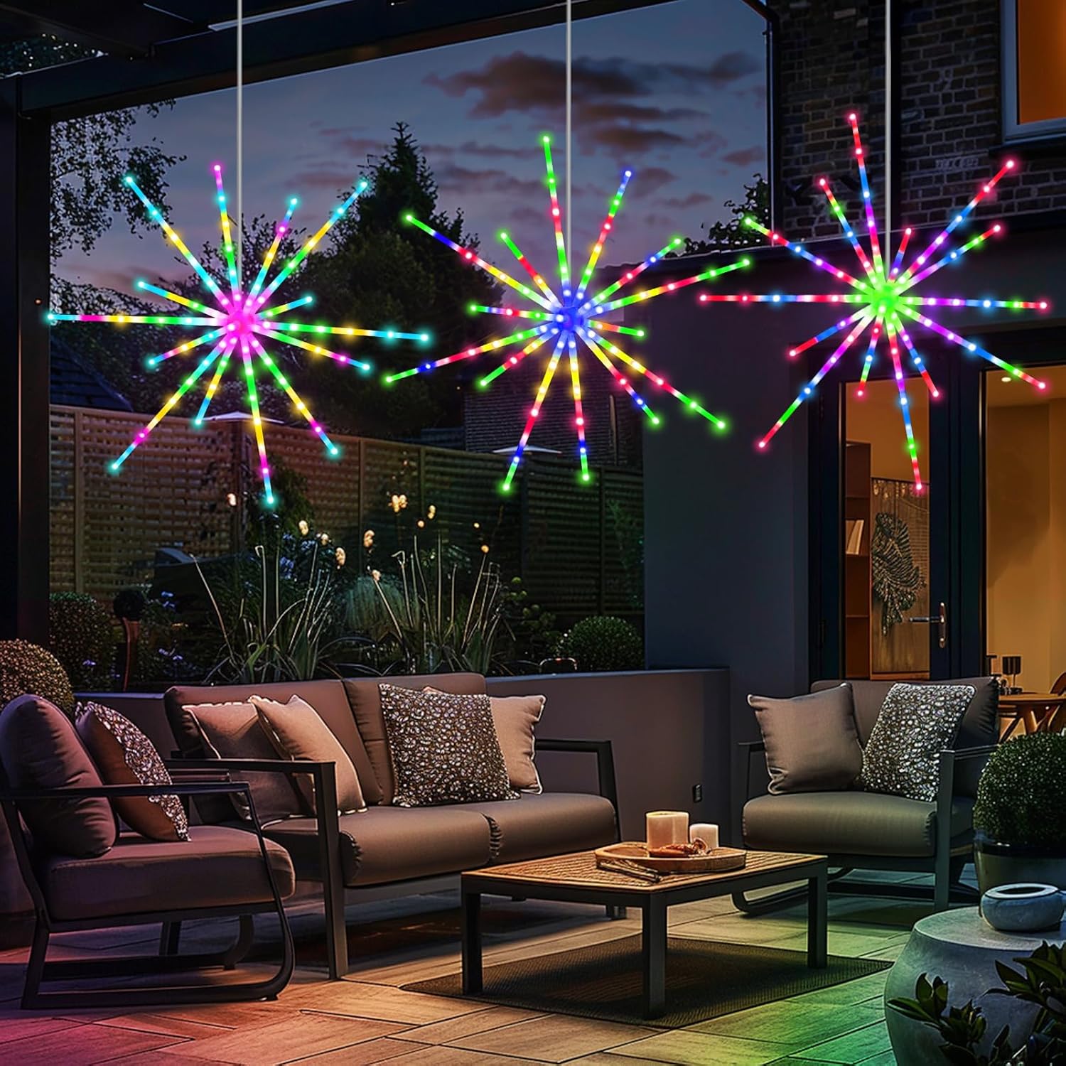 2 Pack 224 LED Hanging Starburst Light, Firework Fairy Starburst String Lights LED Meteor Lights with Remote, 8 Lighting Modes Operated, Starry Light for Garden Party Christmas (Multicolor)