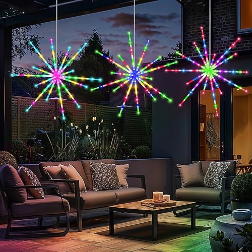 Miniatura 7 de Tiandirenhe Tira de luces colgantes con forma de estrella en explosión, 112 luces LED de fuegos artificiales, luces de meteorito con control remoto,
