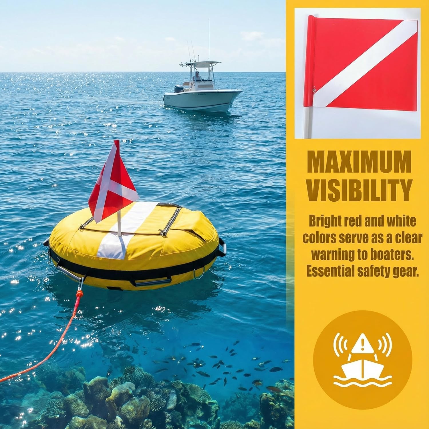 Dive Float Buoy with Flag, Yellow and White, Inflatable Safety Marker with Rope