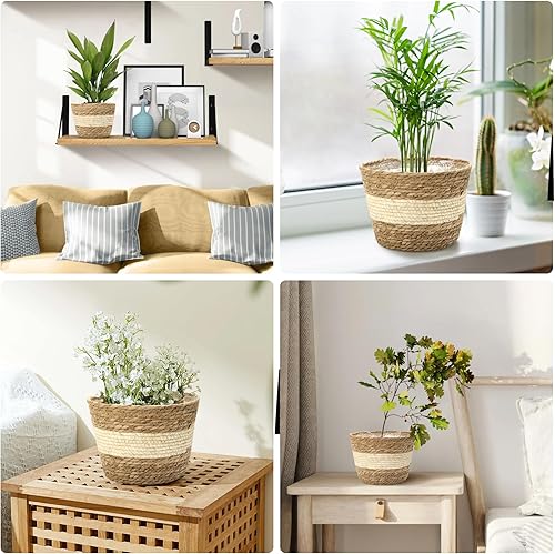 Miniatura 7 de Athaliah Cesta para plantas, 3 cestas para plantas de interior con forro de plástico, jacinto de agua y tallo de maíz, cesta de flores, cesta para