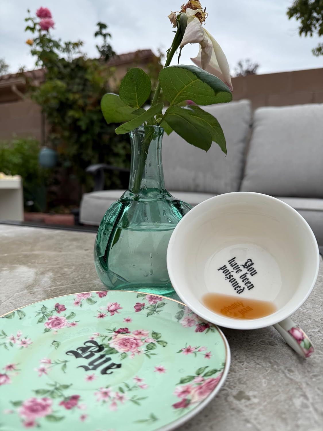 Three Black Cats Bone China Tea Cup and Saucer Set, "You've Been Poisoned- Bye", 8 Oz, Sea Foam Green and Pink Rose Pattern, Gold Trim image 4