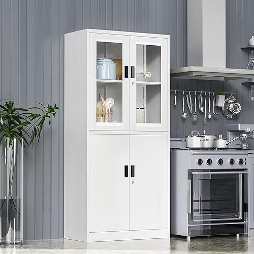 Miniatura 32 de Vitrina con cerradura con puerta de cristal, gabinetes Curio de metal de 71 pulgadas de alto con estantes ajustables, vitrina de licor blanco para