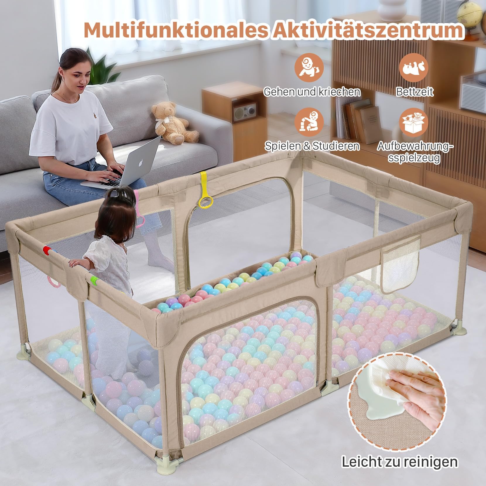 Dripex Laufgitter für Babys, Laufstall mit atmungsaktivem Netz, Spielgitter für Babys, 5 Laufgitterringe, 120 x 180 cm, Braun | 120 x 180 cm, atmungsaktives Oxford-Gewebe, 5 Ringe