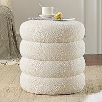 Krcix Round Boucle Storage Ottoman Stool with Removable Lid - Modern Footrest, Vanity Stool for Living Room, Bedroom (White)