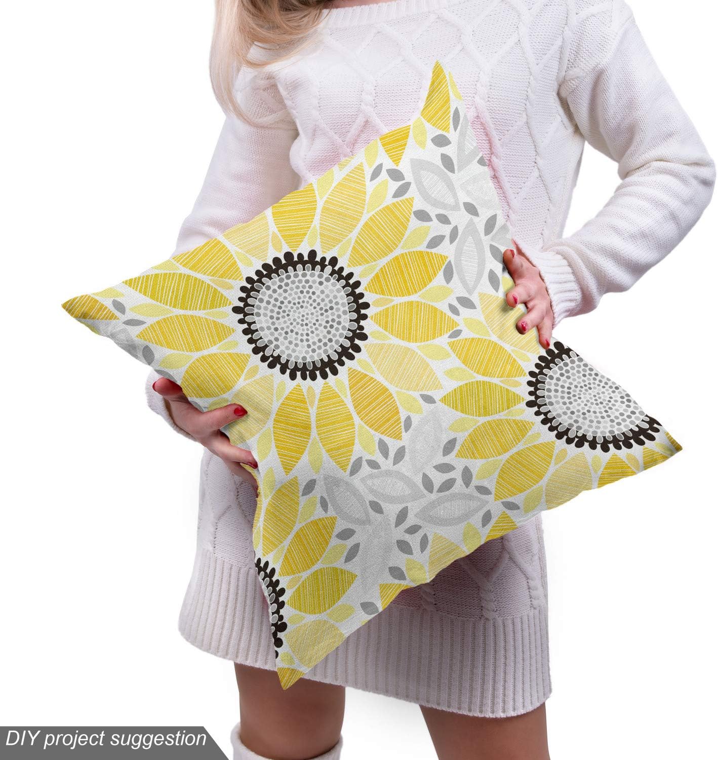 Ambesonne Yellow Fabric by The Yard Colorful Illustration of Sun Flower with Motifs and Patterns Summer Nature Decorative Material for Table Centerpiece Upholstery and Home Accents 3 Yards Yellow Gray