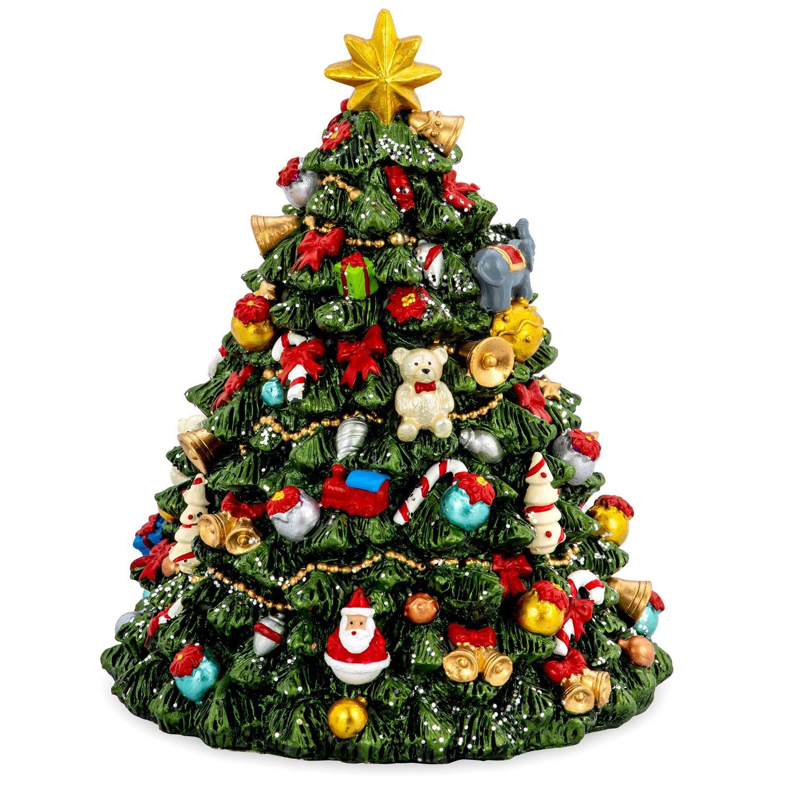 Kunststein Spieluhr 15 x Ø 12 cm - Deko für Weihnachten - Weihnachtbaum-Form - Bunte Musikdose mit Melodie Oh Tannenbaum