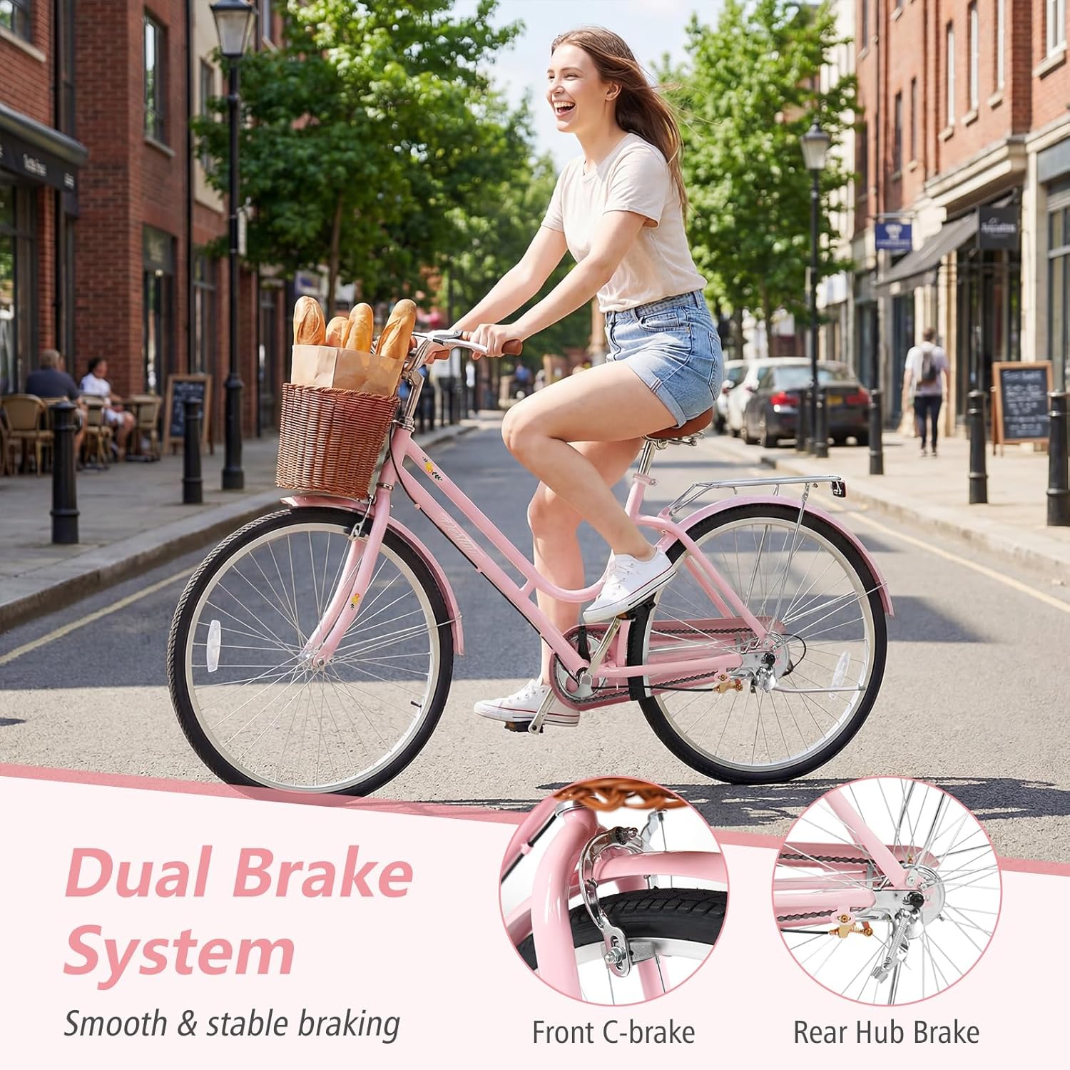 GYMAX Beach Cruiser Bike for Adults, 24/26 Inch Commuter Bicycle for Women with Rattan Basket, Ergonomic Low Step-Through Frame, Rear Rack & Adjustable Seat, City Bike Cruiser Bicycle