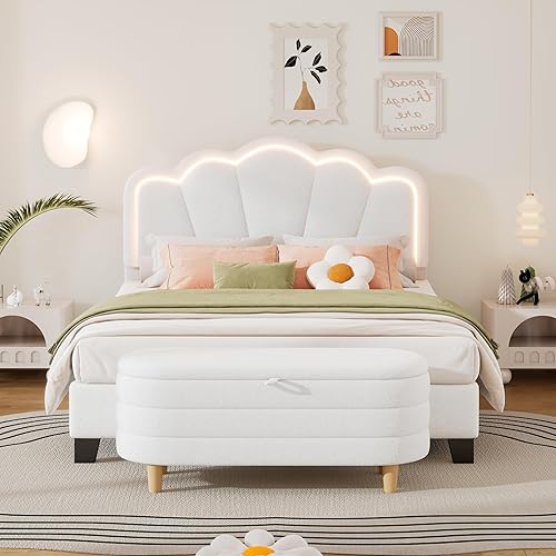 SOFTSEA Bedroom Set Full Size, Full Size Upholstered Platform Bed with LED Light and Storage Ottoman, 2 Pieces Bedroom Furniture Set, 2 Piece White Bedroom Furniture Set