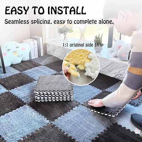 Miniatura 7 de 10 tapetes de espuma tipo rompecabezas de felpa de 24 x 24 x 1 pulgadas, suaves y esponjosos, cuadrados, entrelazados, para habitación de juegos,