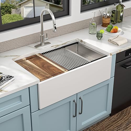 Fulorni 33"x20" White Farmhouse Sink Workstation – Flat Apron Front with Ledge, White Porcelain Ceramic Fireclay Single Bowl Farm Kitchen Sink Basin