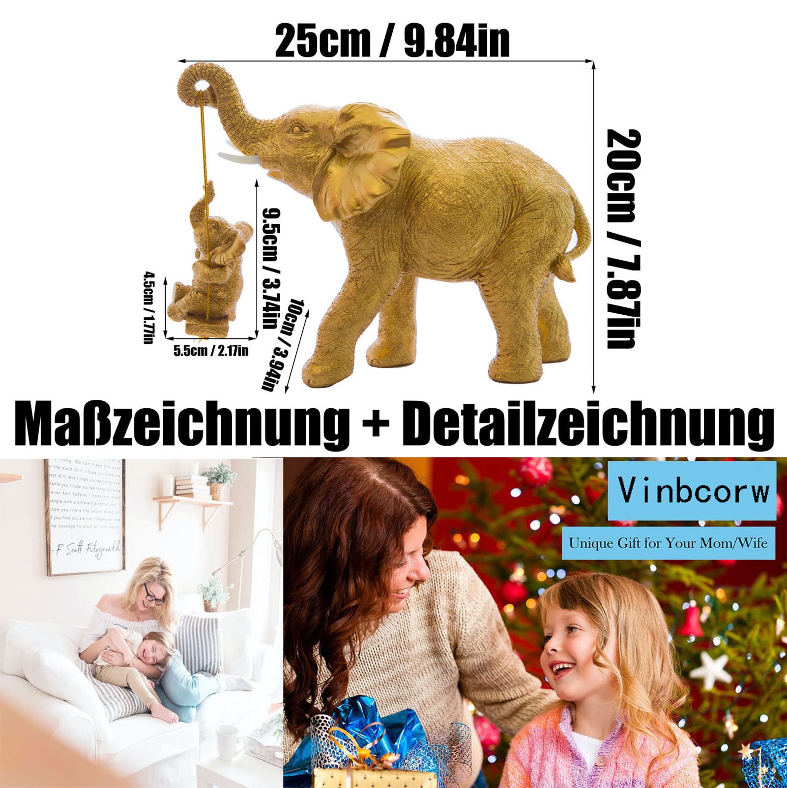 Decoración de Elefante, Estatua de Elefante, decoración de Elefante Dorado Que trae Suerte, Salud y Fuerza. Regalos de Elefante para Mujer, Regalos de Madre,Oro