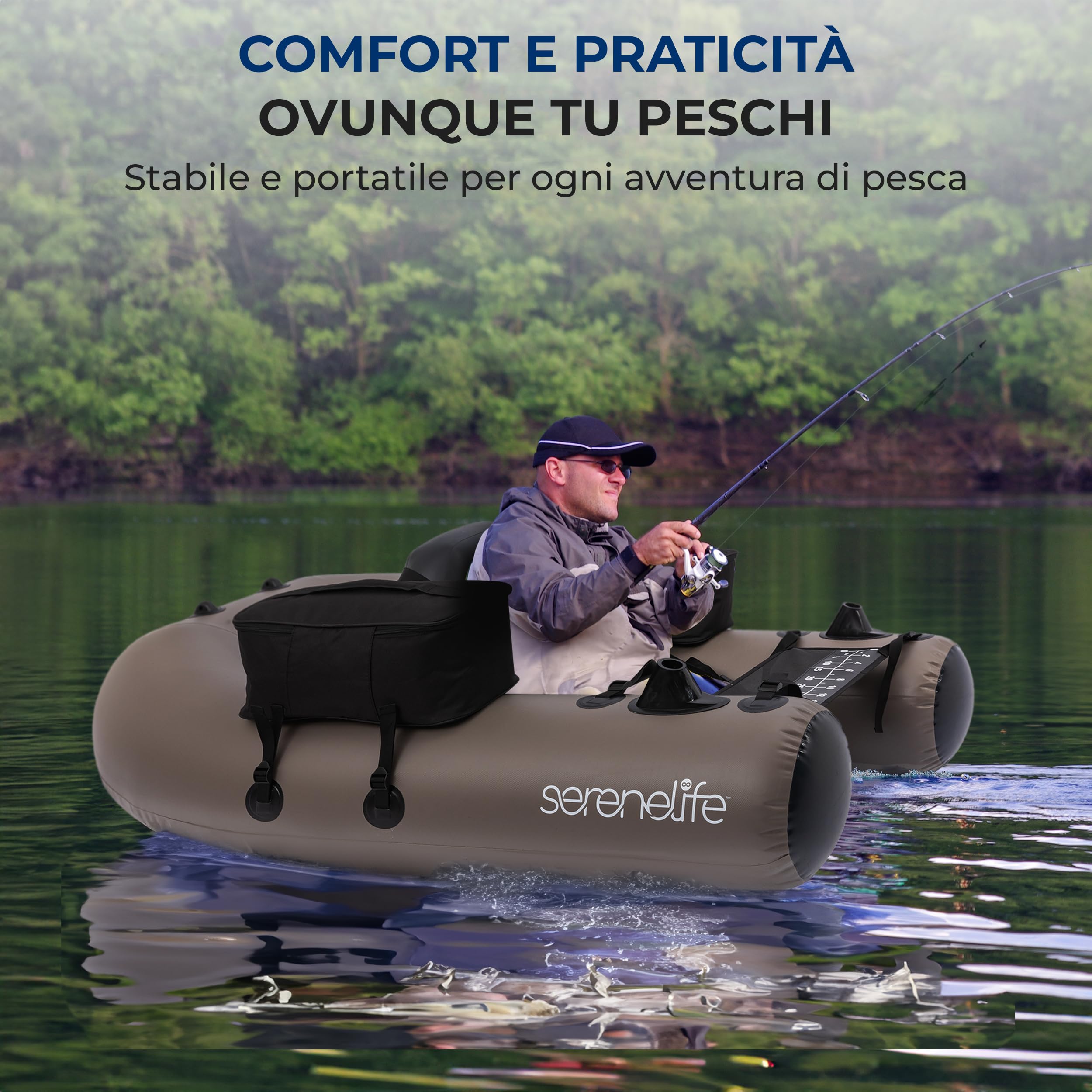 Serenelife Barca da Pesca, Barca Gonfiabile, Belly Boat Portatile, Galleggianti da Pesca con Sedile e Schienale Regolabili, Pompa Manuale, Borsa, Kit di Riparazione, Portata 100 kg