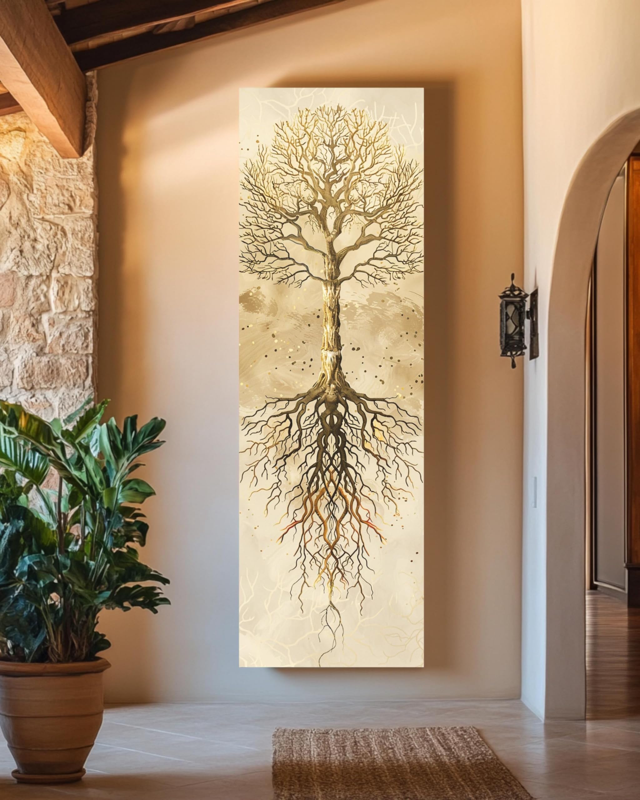 CAOXTART Cuadro vertical del Árbol de la Vida sobre lienzo, pintura al óleo con líneas doradas, diseño espiritual del Árbol de la Vida, decoración moderna para pared (35 x 105 cm/marco interno).