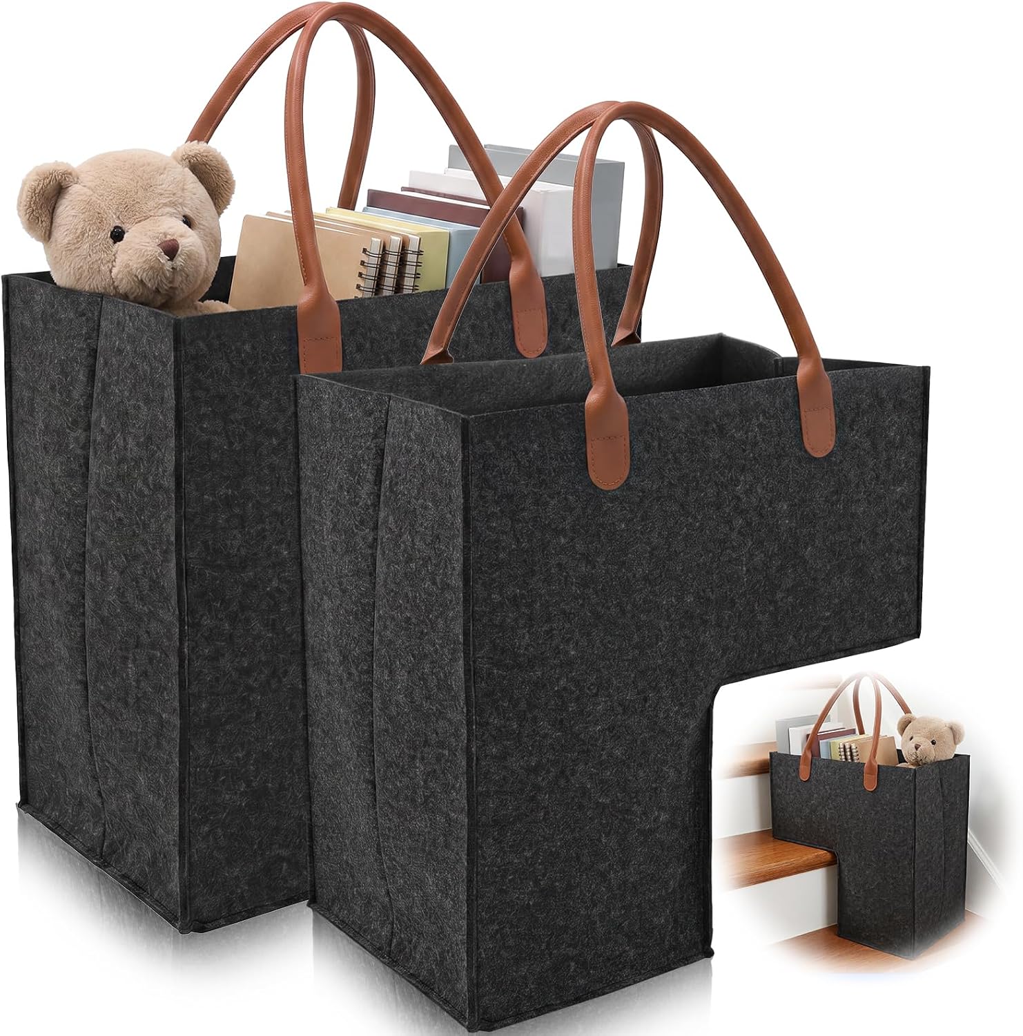 2 Pack Stair Basket with Handle, Foldable Felt Stair Storage Basket for Carpeted Wooden Steps, Home Office Decor, Books, Clothes, Magazines