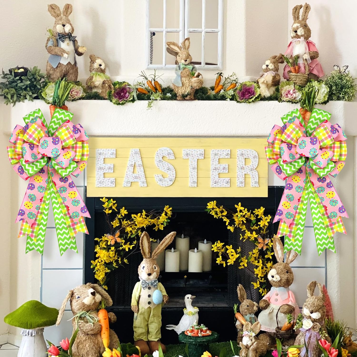 Montekin Large Easter Bows for Wreath 20x11 Inch, 2 Pack Pre-Tied Easter Egg Wired Ribbon Bow, Big Tree Topper Bow for Front Door Indoor Outdoor Spring Summer Decoration (Yellow)