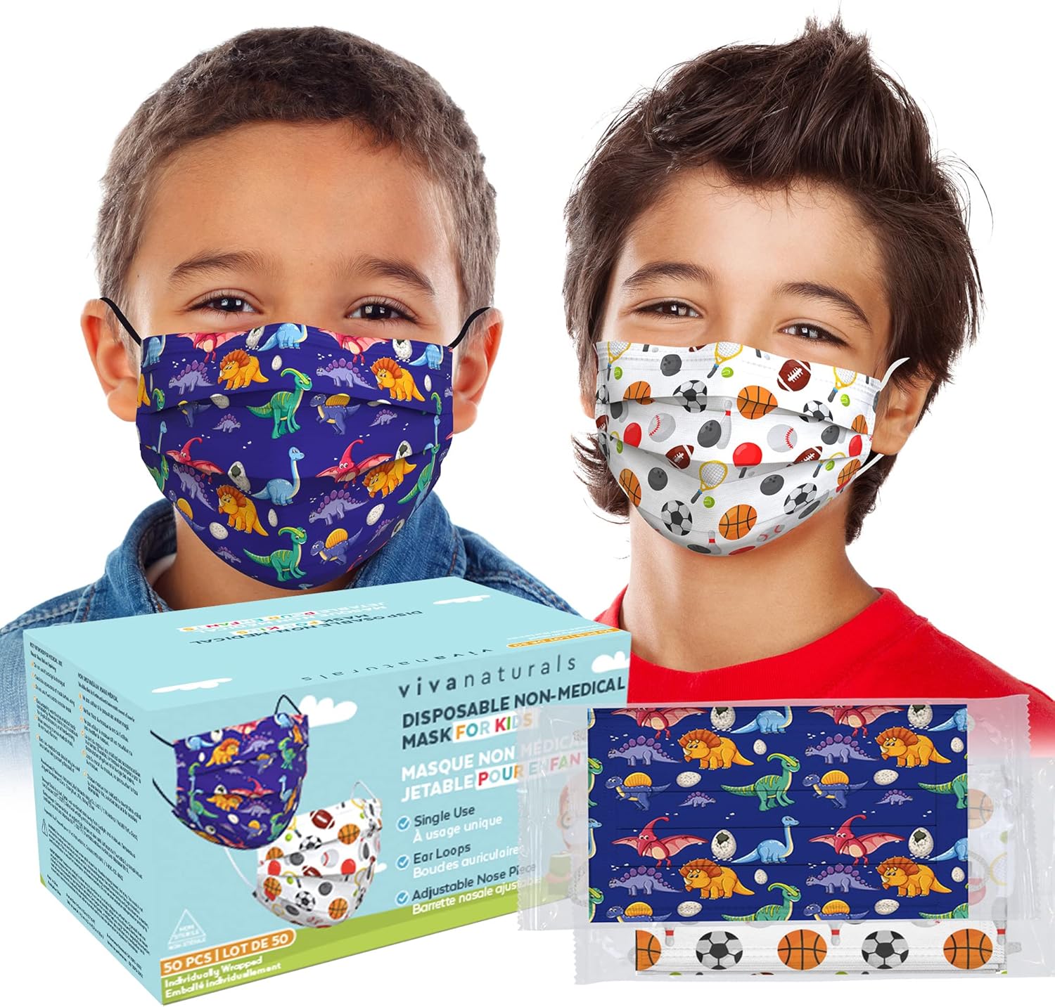 Buy Sports & Dinosaur Kids Face Mask 50 Individually Wrapped Premium