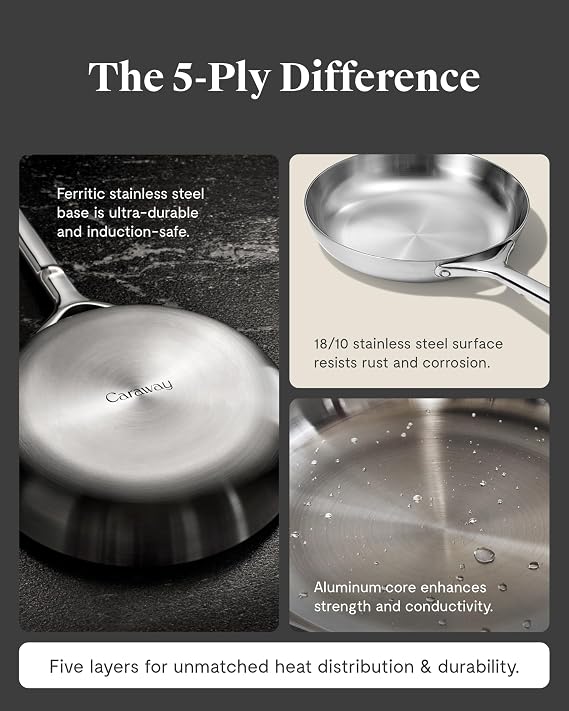 Caraway Stainless Steel Fry Pan (2.7 qt, 10.5) - 5-Ply Stainless Steel Pan - Oven Safe & Stovetop Agnostic - Non Toxic, PTFE & PFOA Free