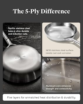 Caraway Stainless Steel Fry Pan (2.7 qt, 10.5) - 5-Ply Stainless Steel Pan - Oven Safe & Stovetop Agnostic - Non Toxic, PTFE & PFOA Free