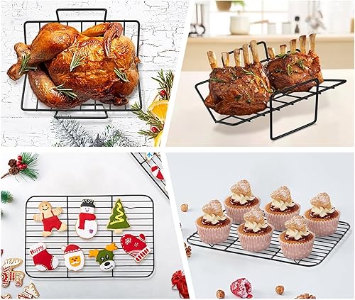 Miniatura 6 de TeamFar Sartén para asar, sartén para lasaña de pavo recubierta de 14 pulgadas con estante en forma de V y estante plano, revestimiento